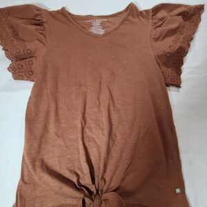 Lucky Brand Rust Tie Waist Top M Eyelet Sleeve Boho Tee